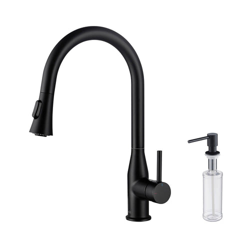 KIBI Napa Single Handle High Arc Pull Down Kitchen Faucet With Soap Dispenser in Matte Black Finish - C-KKF2005MB-KSD100MB