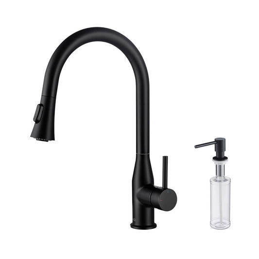 KIBI Napa Single Handle High Arc Pull Down Kitchen Faucet With Soap Dispenser in Matte Black Finish - C-KKF2005MB-KSD100MB