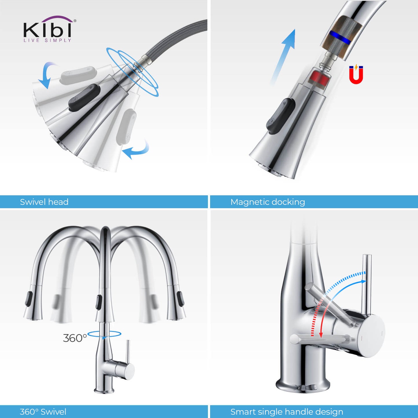 KIBI Napa Single Handle High Arc Pull Down Kitchen Faucet in Chrome Finish - KKF2005CH