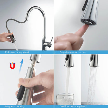 KIBI Napa Single Handle High Arc Pull Down Kitchen Faucet in Chrome Finish - KKF2005CH