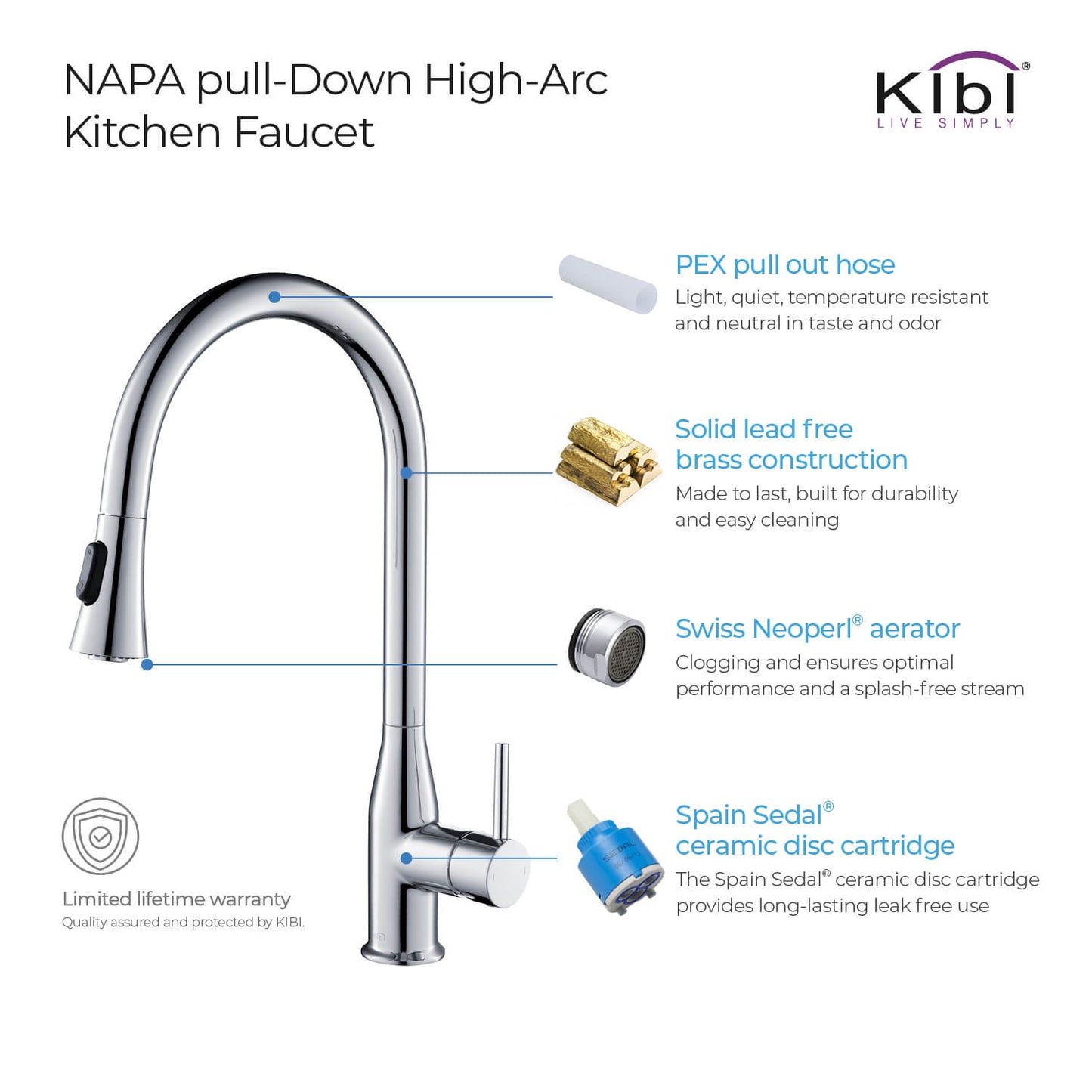 KIBI Napa Single Handle High Arc Pull Down Kitchen Faucet in Chrome Finish - KKF2005CH