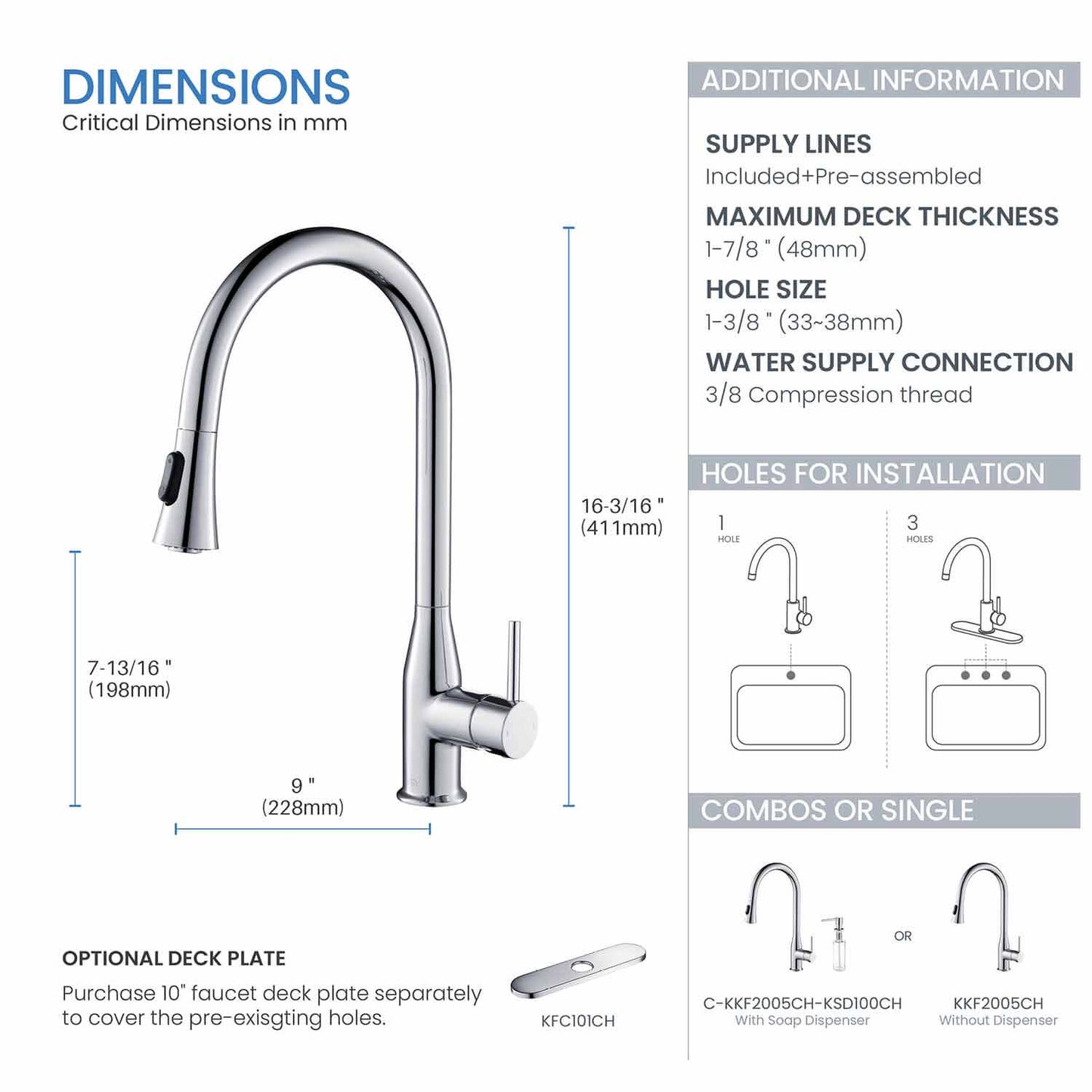 KIBI Napa Single Handle High Arc Pull Down Kitchen Faucet in Chrome Finish - KKF2005CH