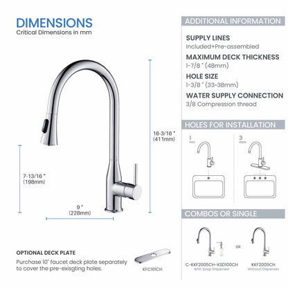 KIBI Napa Single Handle High Arc Pull Down Kitchen Faucet in Chrome Finish - KKF2005CH