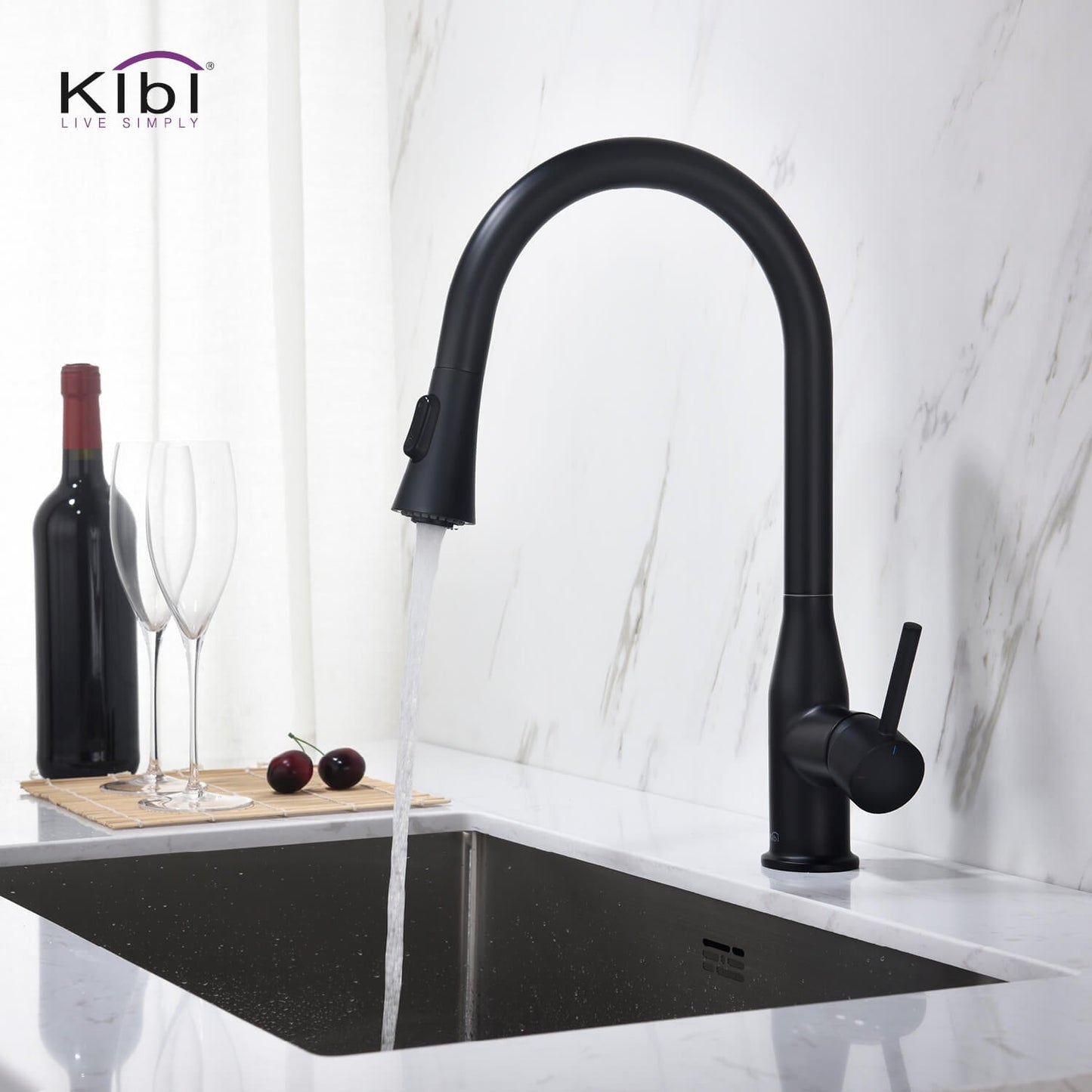 KIBI Napa Single Handle High Arc Pull Down Kitchen Faucet in Matte Black Finish - KKF2005MB