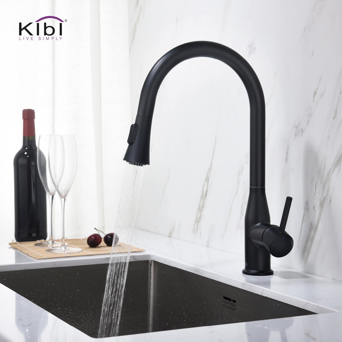KIBI Napa Single Handle High Arc Pull Down Kitchen Faucet in Matte Black Finish - KKF2005MB