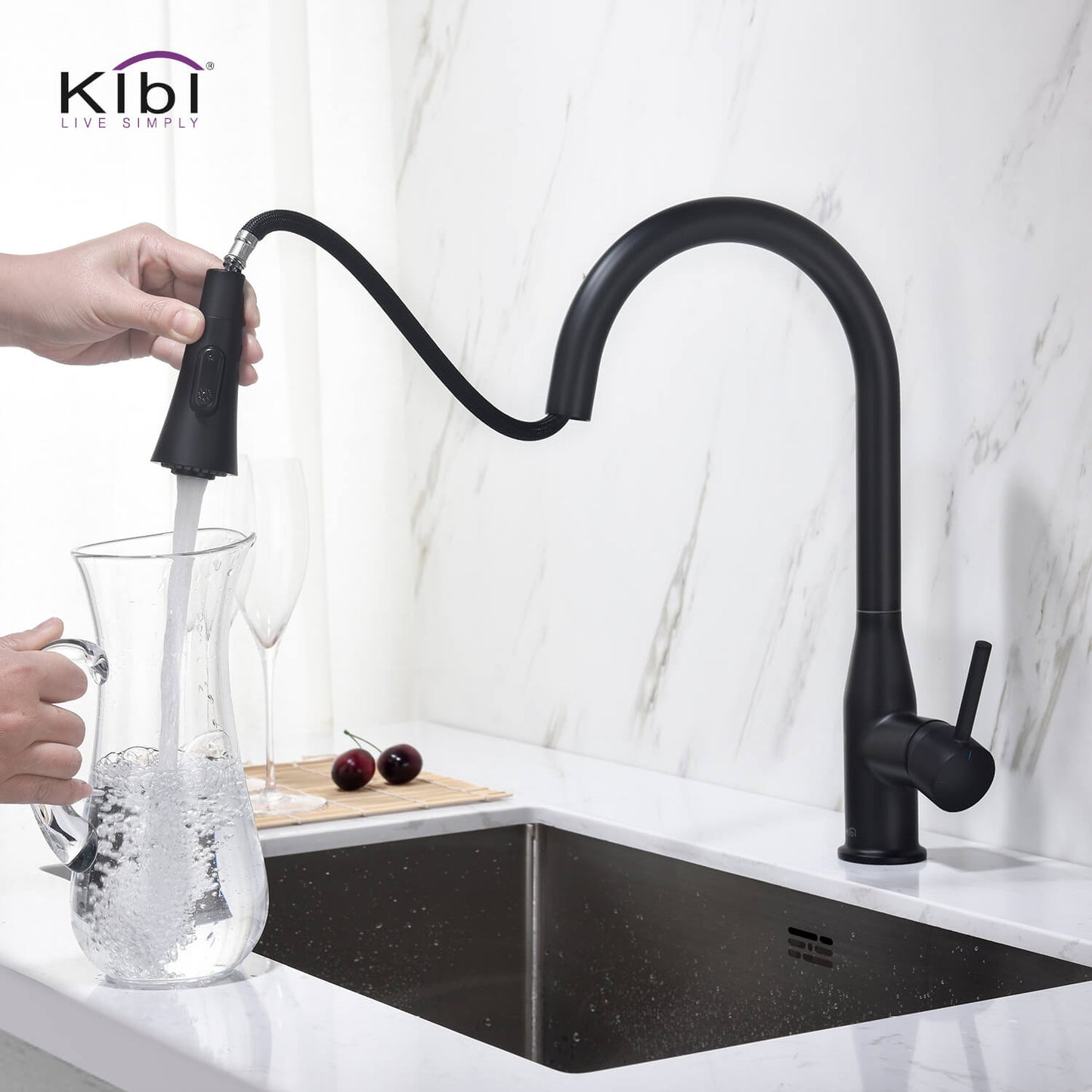 KIBI Napa Single Handle High Arc Pull Down Kitchen Faucet in Matte Black Finish - KKF2005MB