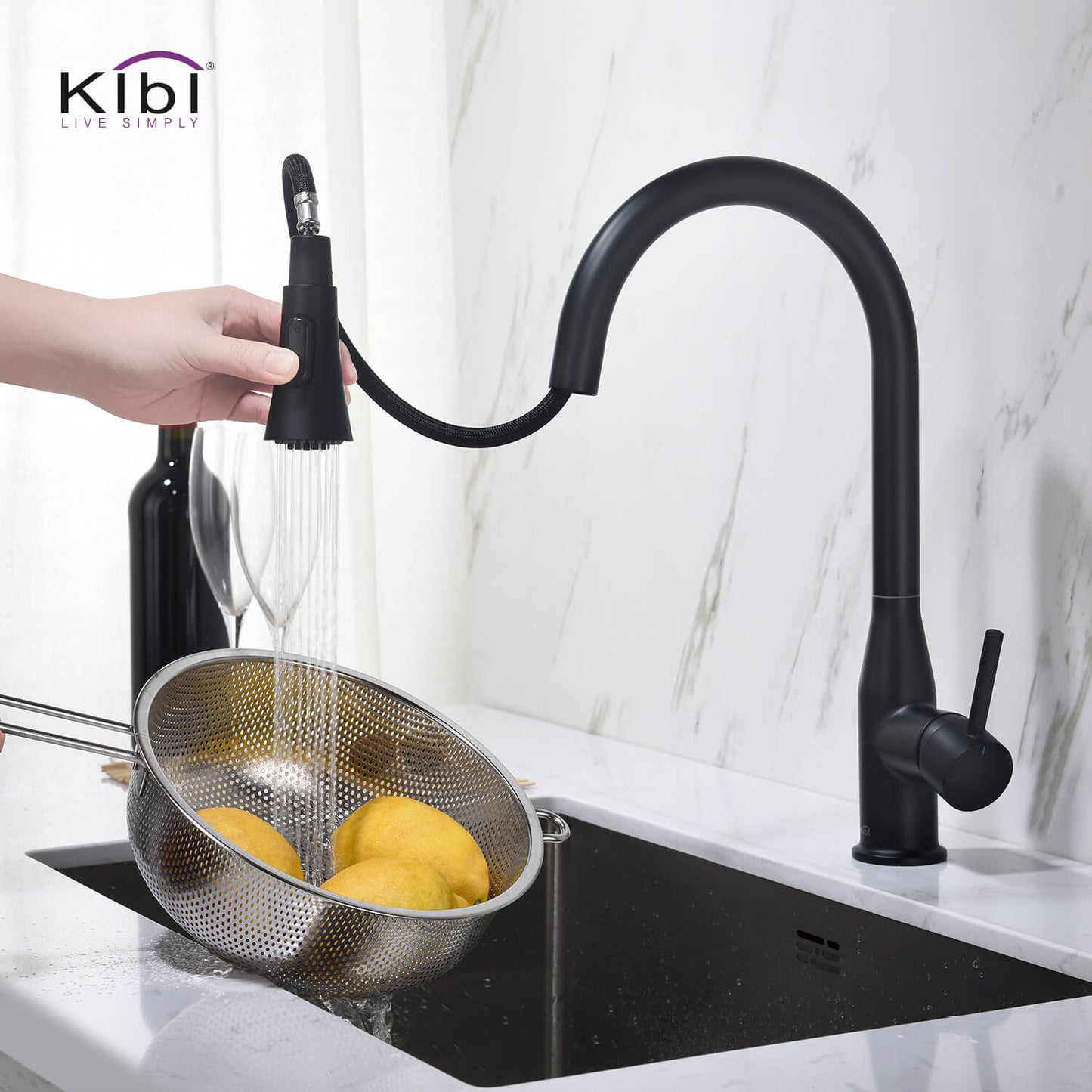 KIBI Napa Single Handle High Arc Pull Down Kitchen Faucet in Matte Black Finish - KKF2005MB