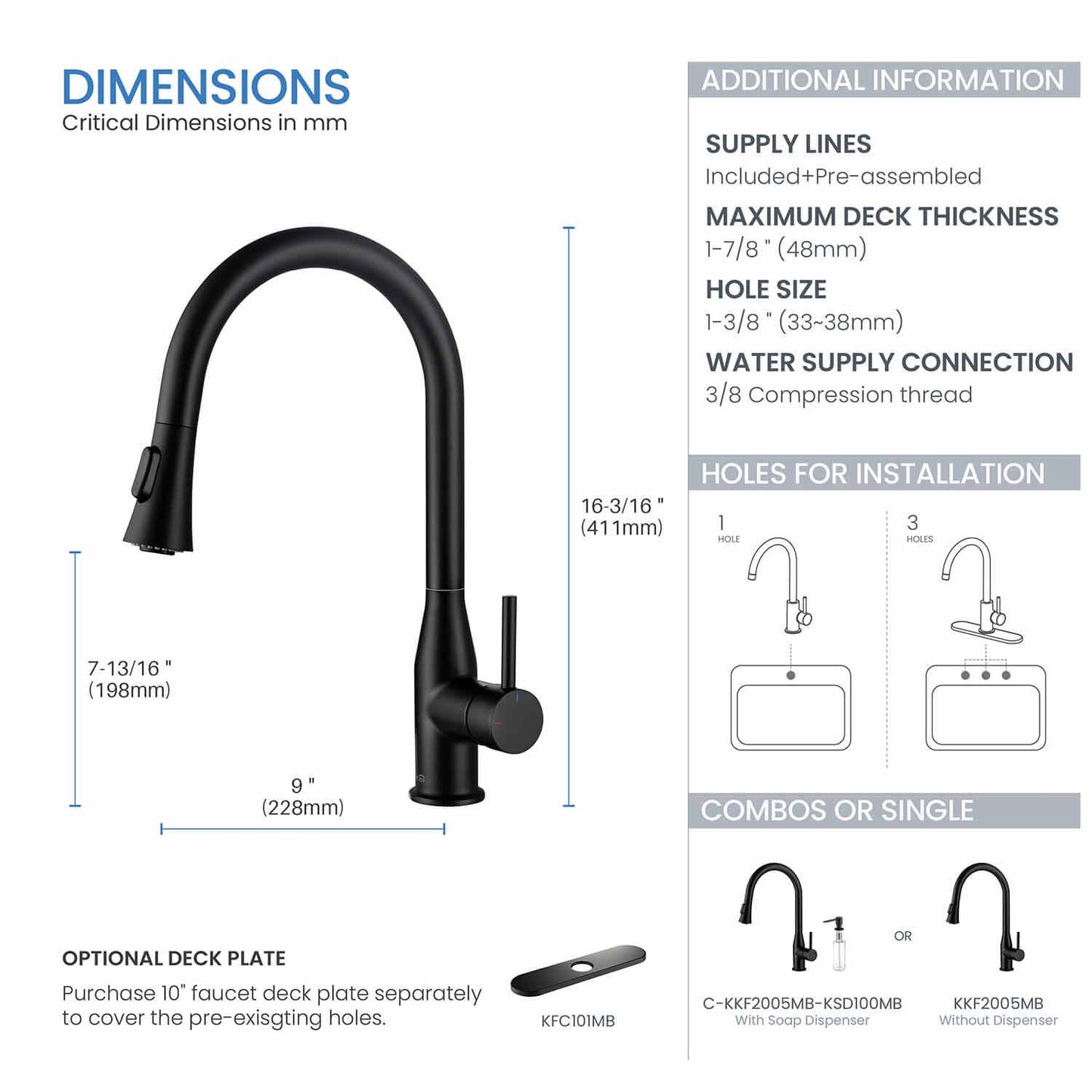 KIBI Napa Single Handle High Arc Pull Down Kitchen Faucet in Matte Black Finish - KKF2005MB