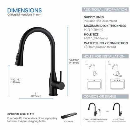 KIBI Napa Single Handle High Arc Pull Down Kitchen Faucet in Matte Black Finish - KKF2005MB