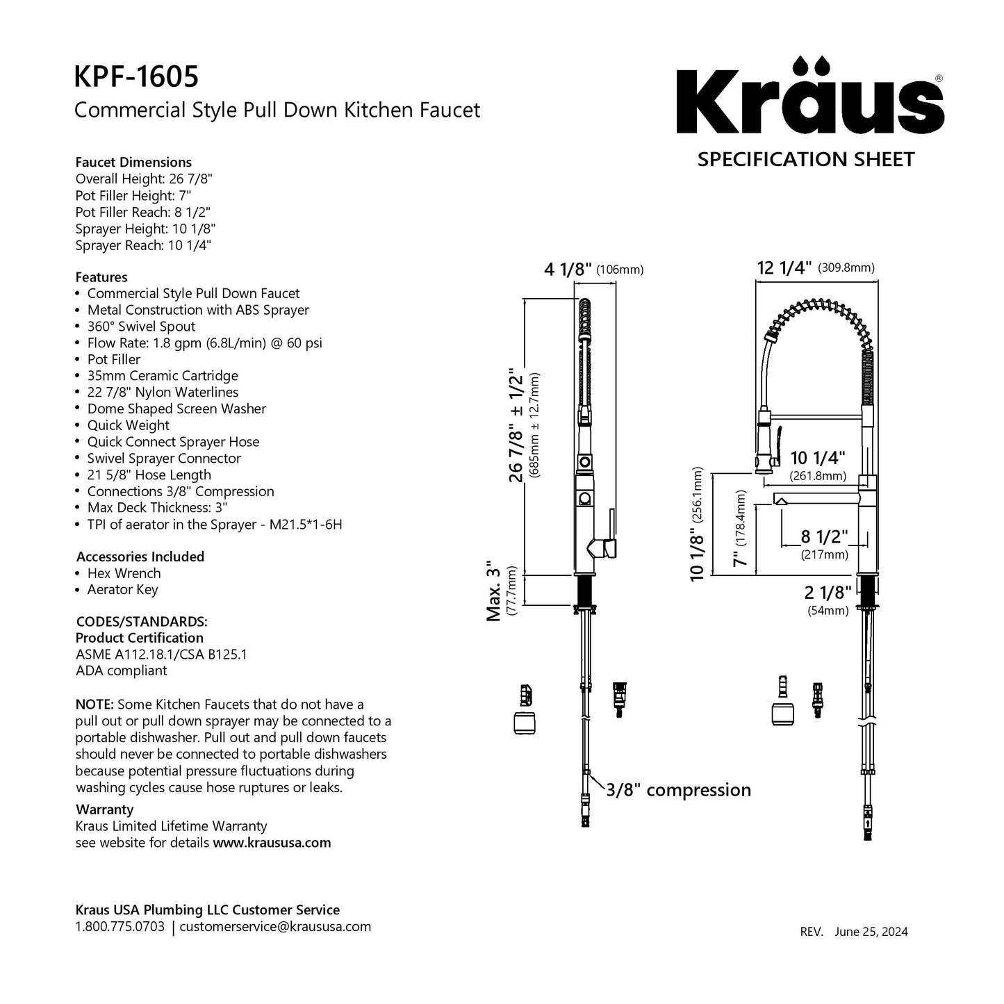 KRAUS Artec Pro 2-Function Single Handle Pull Down Kitchen Faucet in Brushed Brass - KPF-1605BB