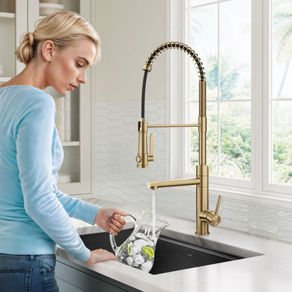 KRAUS Artec Pro 2-Function Single Handle Pull Down Kitchen Faucet in Brushed Brass - KPF-1605BB