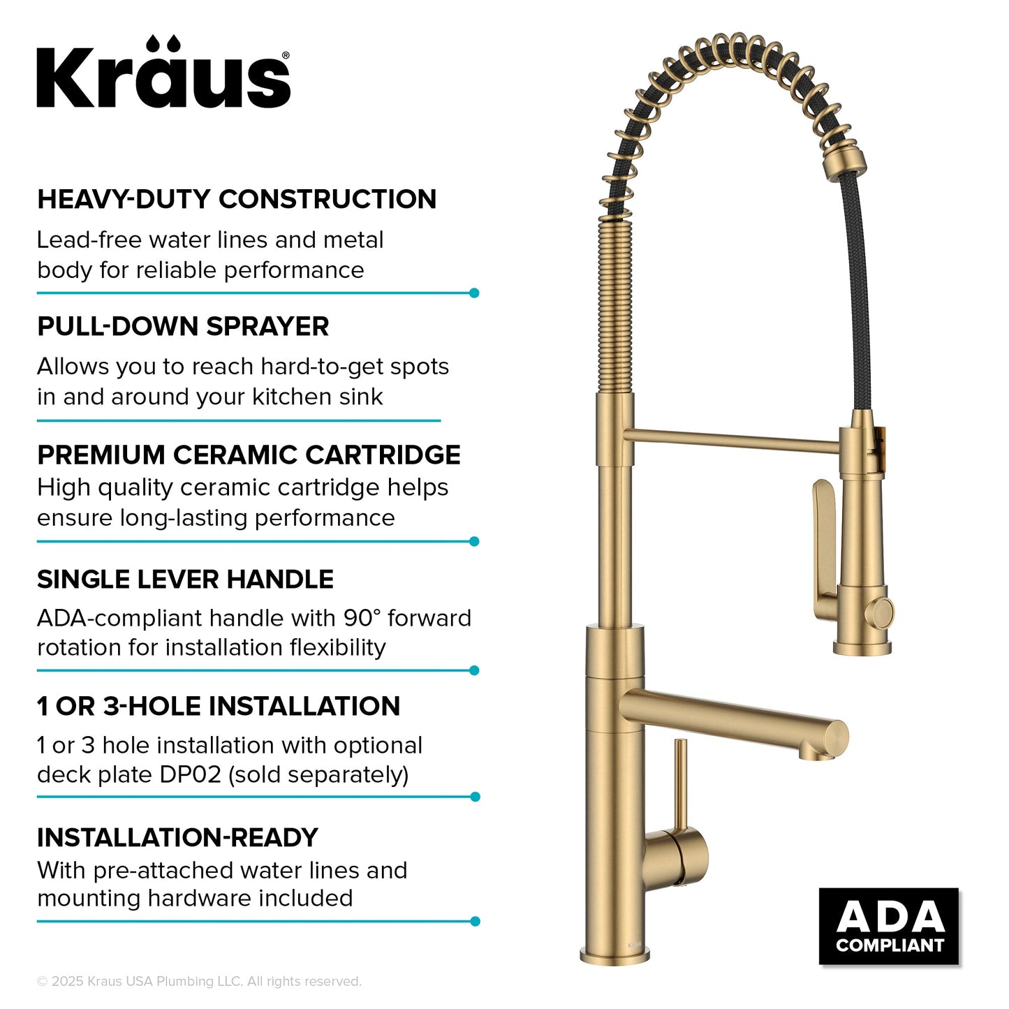 KRAUS Artec Pro 2-Function Single Handle Pull Down Kitchen Faucet in Brushed Brass - KPF-1605BB