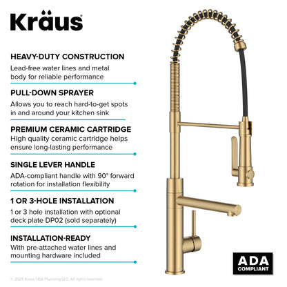 KRAUS Artec Pro 2-Function Single Handle Pull Down Kitchen Faucet in Brushed Brass - KPF-1605BB