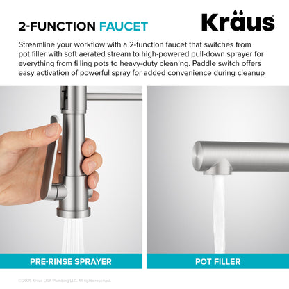 KRAUS Artec Pro 2-Function Single Handle Pull Down Kitchen Faucet in Brushed Brass - KPF-1605BB