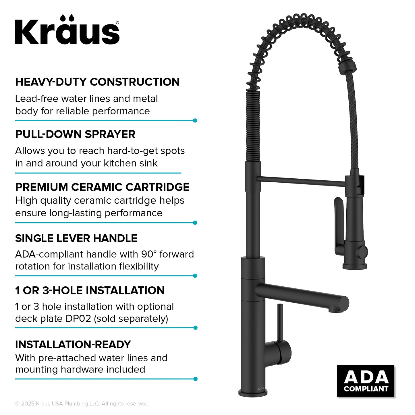 KRAUS Artec Pro 2-Function Single Handle Pull Down Kitchen Faucet in Matte Black