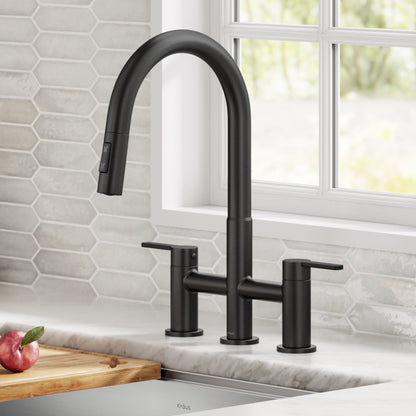 KRAUS Contemporary Bridge Kitchen Faucet with Spray-Head in Matte Black- KPF-3122MB