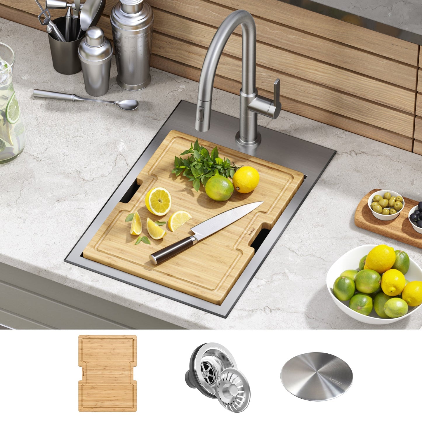 KRAUS 15" x 22" Outdoor Marine Grade Workstation Drop-In T-316 Stainless Steel Bar Sink - KWT311-15-316