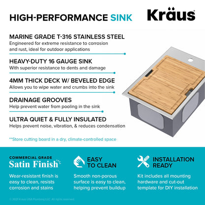 KRAUS 15" x 22" Outdoor Marine Grade Workstation Drop-In T-316 Stainless Steel Bar Sink - KWT311-15-316