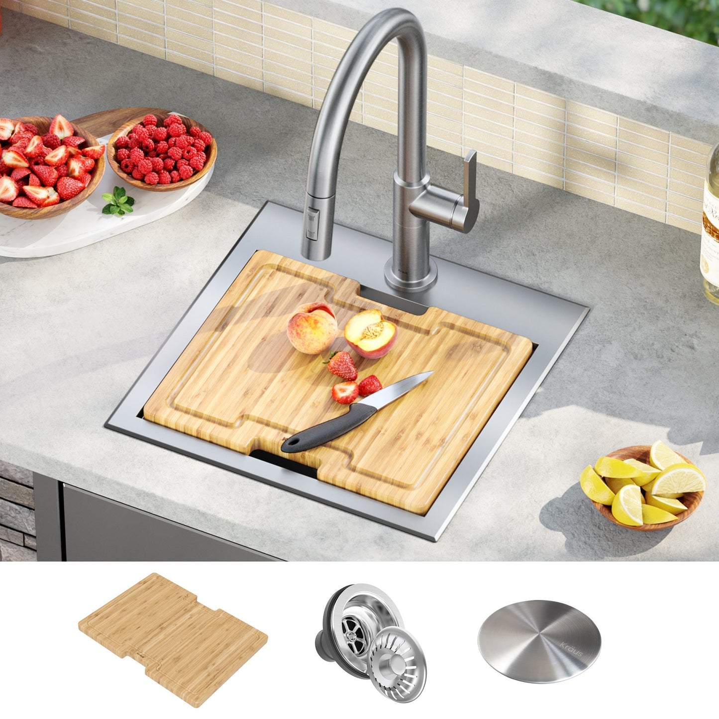 KRAUS 15"x 15" Outdoor Marine Grade Workstation Drop-In T316 Stainless Steel Bar Sink - KWT321-15-316