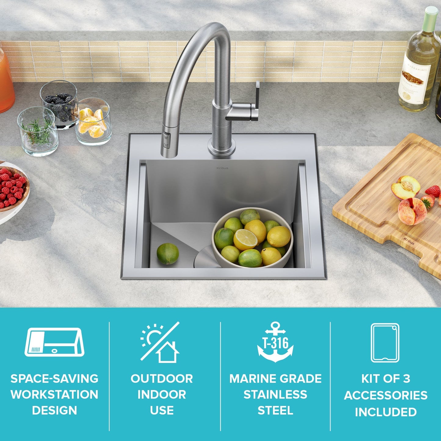 KRAUS 15"x 15" Outdoor Marine Grade Workstation Drop-In T316 Stainless Steel Bar Sink - KWT321-15-316