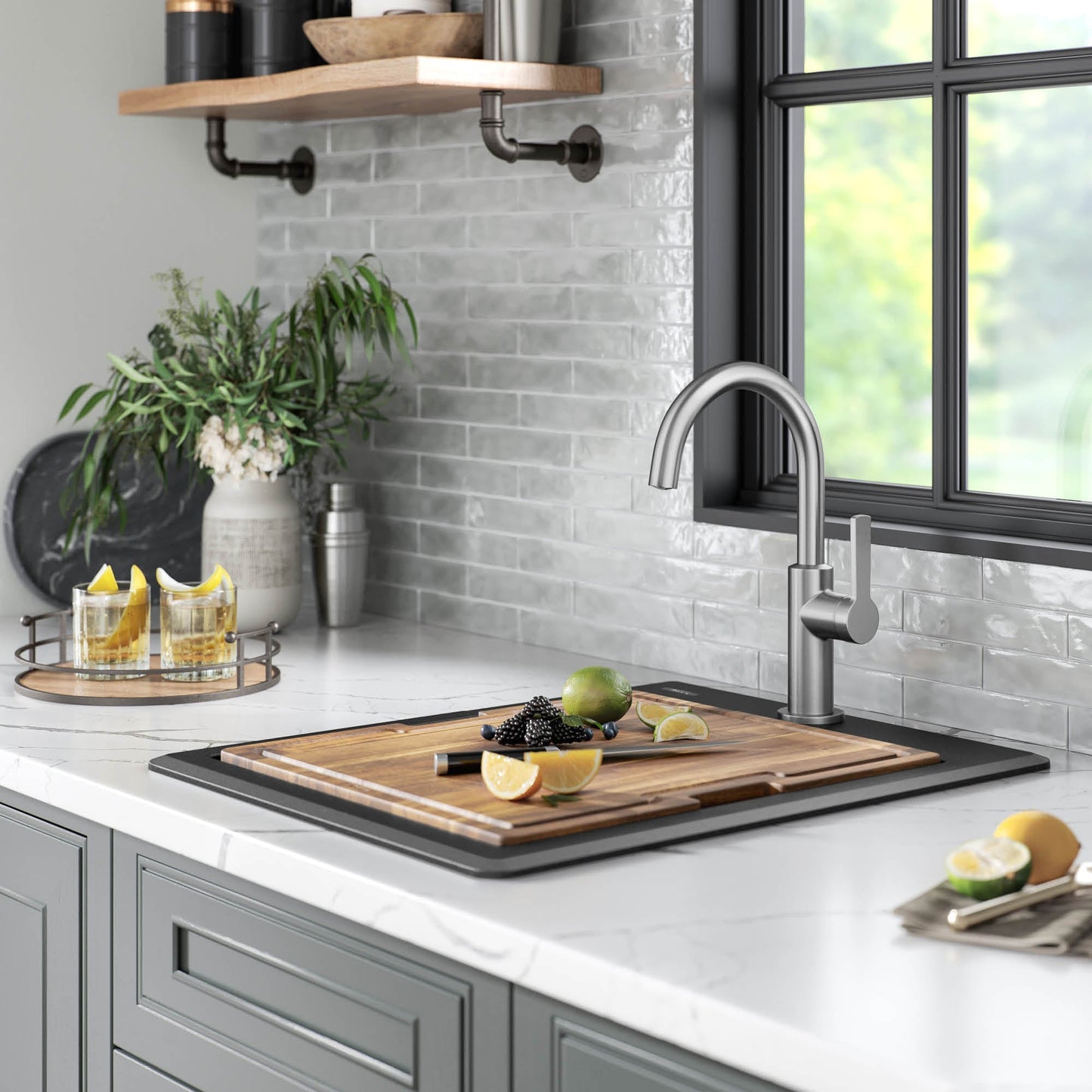 KRAUS 18” Drop-In Granite Composite Workstation Kitchen Bar Sink in Metallic Black - KGTW12-18MBL