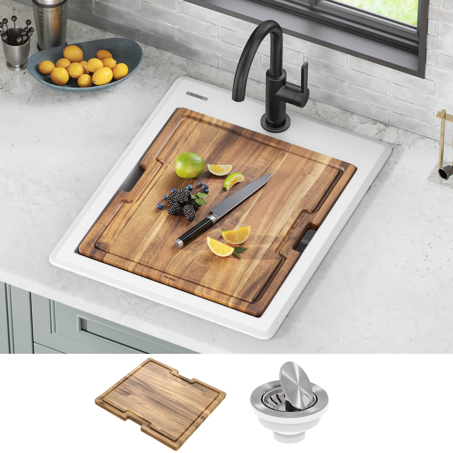 KRAUS 18” Drop-In Granite Composite Workstation Kitchen Bar Sink in White - KGTW12-18WH