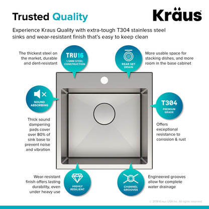 KRAUS 18" x 18" Drop-In 16 Gauge Single Bowl Stainless Steel Bar Sink - KHT301-18