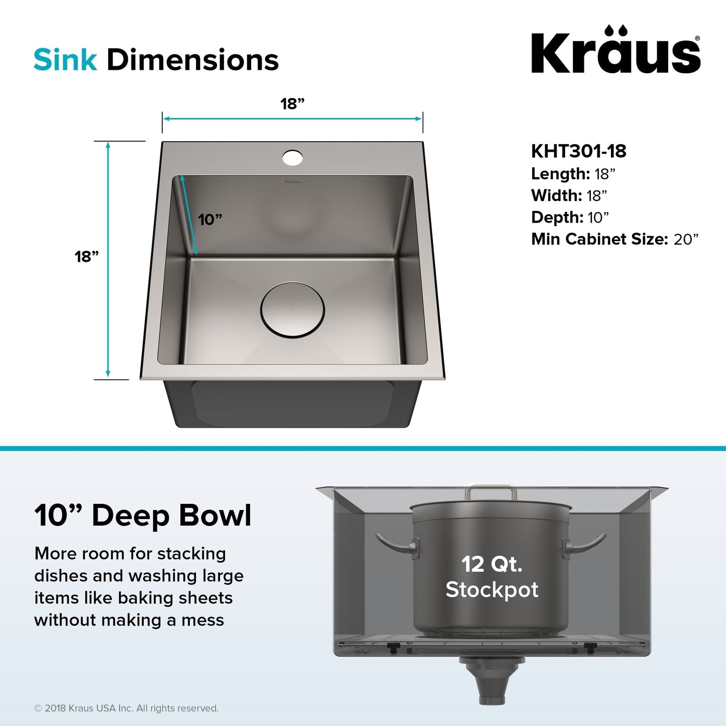KRAUS 18" x 18" Drop-In 16 Gauge Single Bowl Stainless Steel Bar Sink - KHT301-18