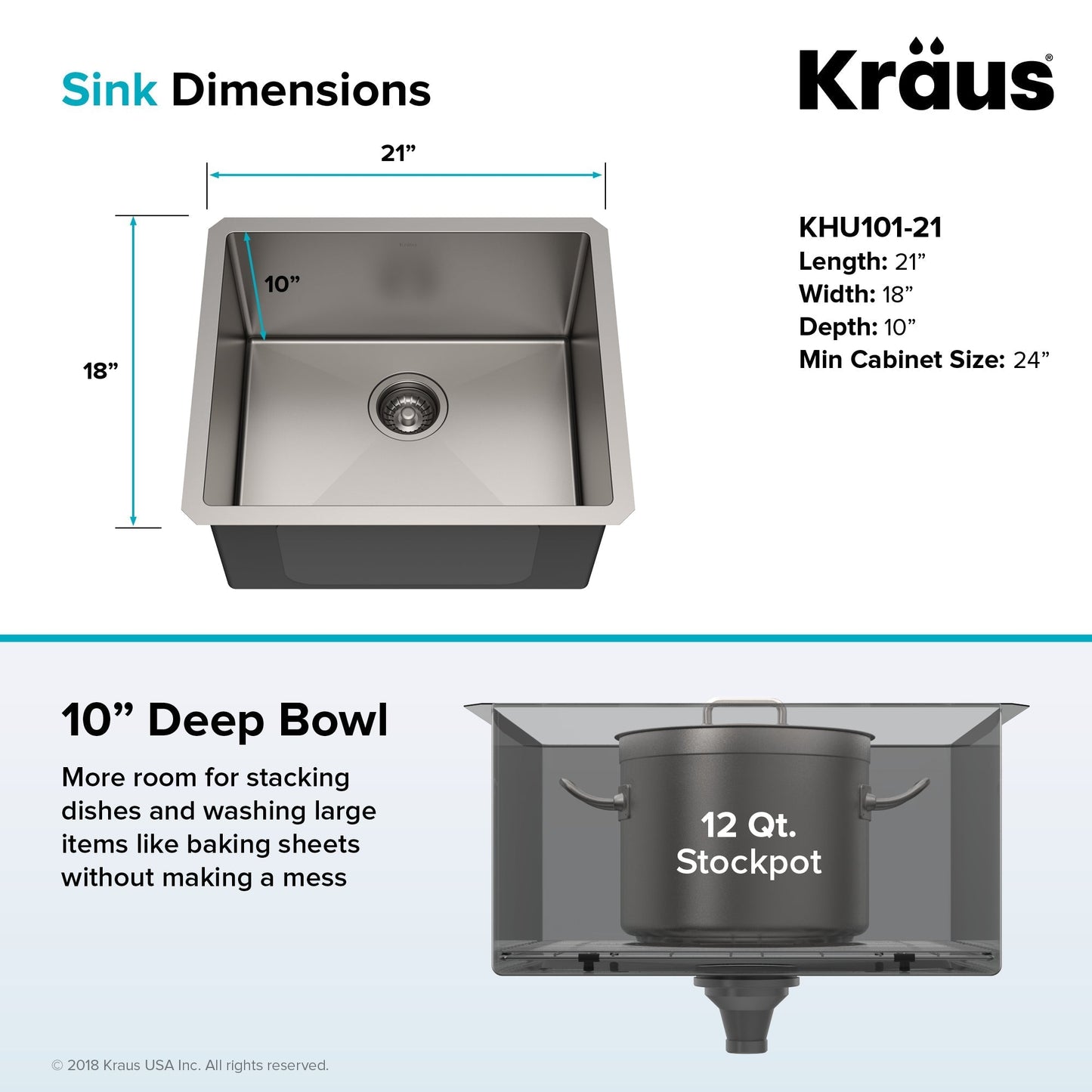 KRAUS 21" 16 Gauge Undermount Single Bowl Stainless Steel Kitchen Sink - KHU101-21