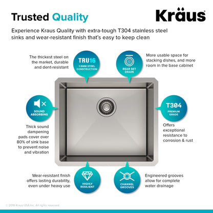 KRAUS 21" 16 Gauge Undermount Single Bowl Stainless Steel Kitchen Sink - KHU101-21