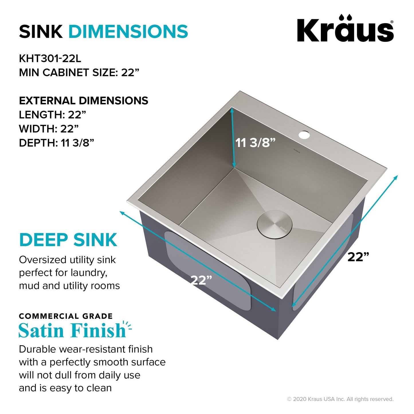 KRAUS 22" Drop-in 16 Gauge Stainless Steel Laundry Utility Sink - KHT301-22L
