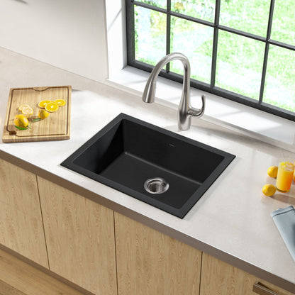 KRAUS 24" Dual Mount Single Bowl Granite Kitchen Sink with Topmount and Undermount Installation in Black Onyx - KGD-410B