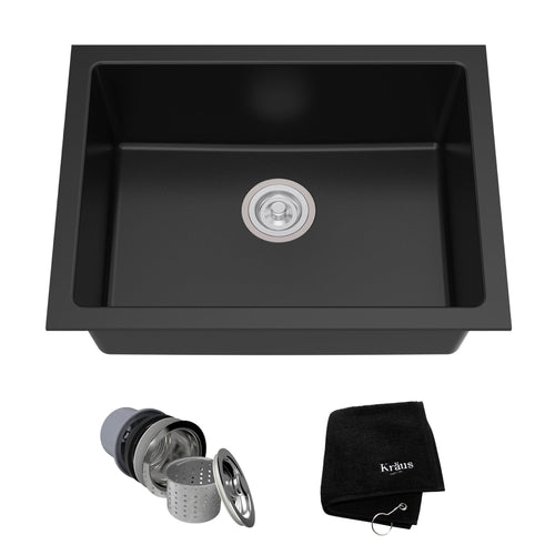 KRAUS 24" Dual Mount Single Bowl Granite Kitchen Sink with Topmount and Undermount Installation in Black Onyx - KGD-410B