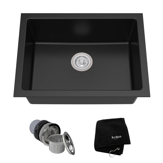 KRAUS 24" Dual Mount Single Bowl Granite Kitchen Sink with Topmount and Undermount Installation in Black Onyx - KGD-410B