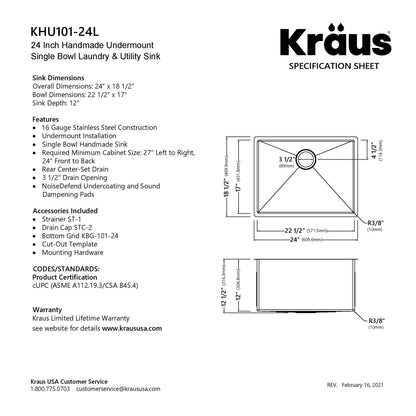 KRAUS 24" Undermount 16 Gauge Stainless Steel Laundry Utility Sink - KHU101-24L