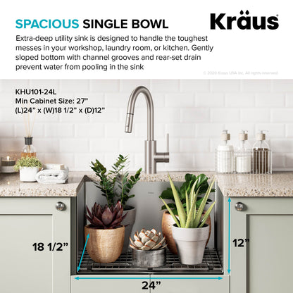 KRAUS 24" Undermount 16 Gauge Stainless Steel Laundry Utility Sink - KHU101-24L