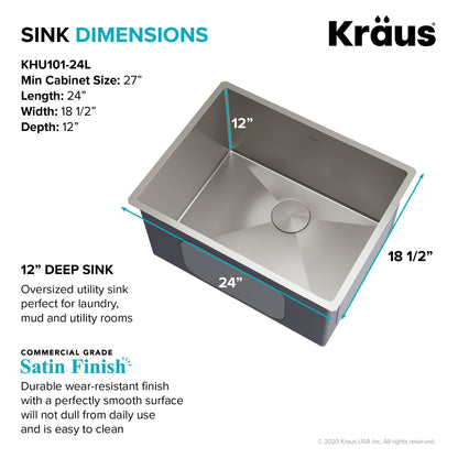 KRAUS 24" Undermount 16 Gauge Stainless Steel Laundry Utility Sink - KHU101-24L