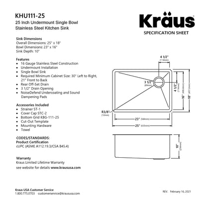 KRAUS 25" 16 Gauge Undermount Single Bowl Stainless Steel Kitchen Sink with Off Center Drain