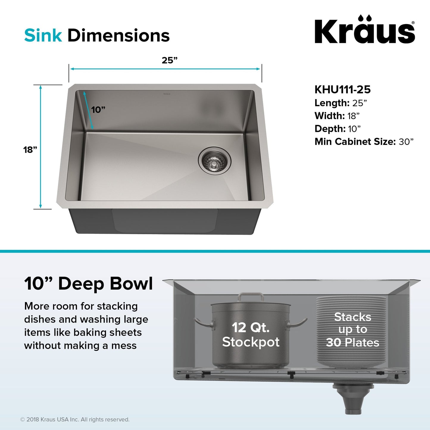 KRAUS 25" 16 Gauge Undermount Single Bowl Stainless Steel Kitchen Sink with Off Center Drain