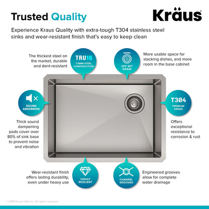 KRAUS 25" 16 Gauge Undermount Single Bowl Stainless Steel Kitchen Sink with Off Center Drain