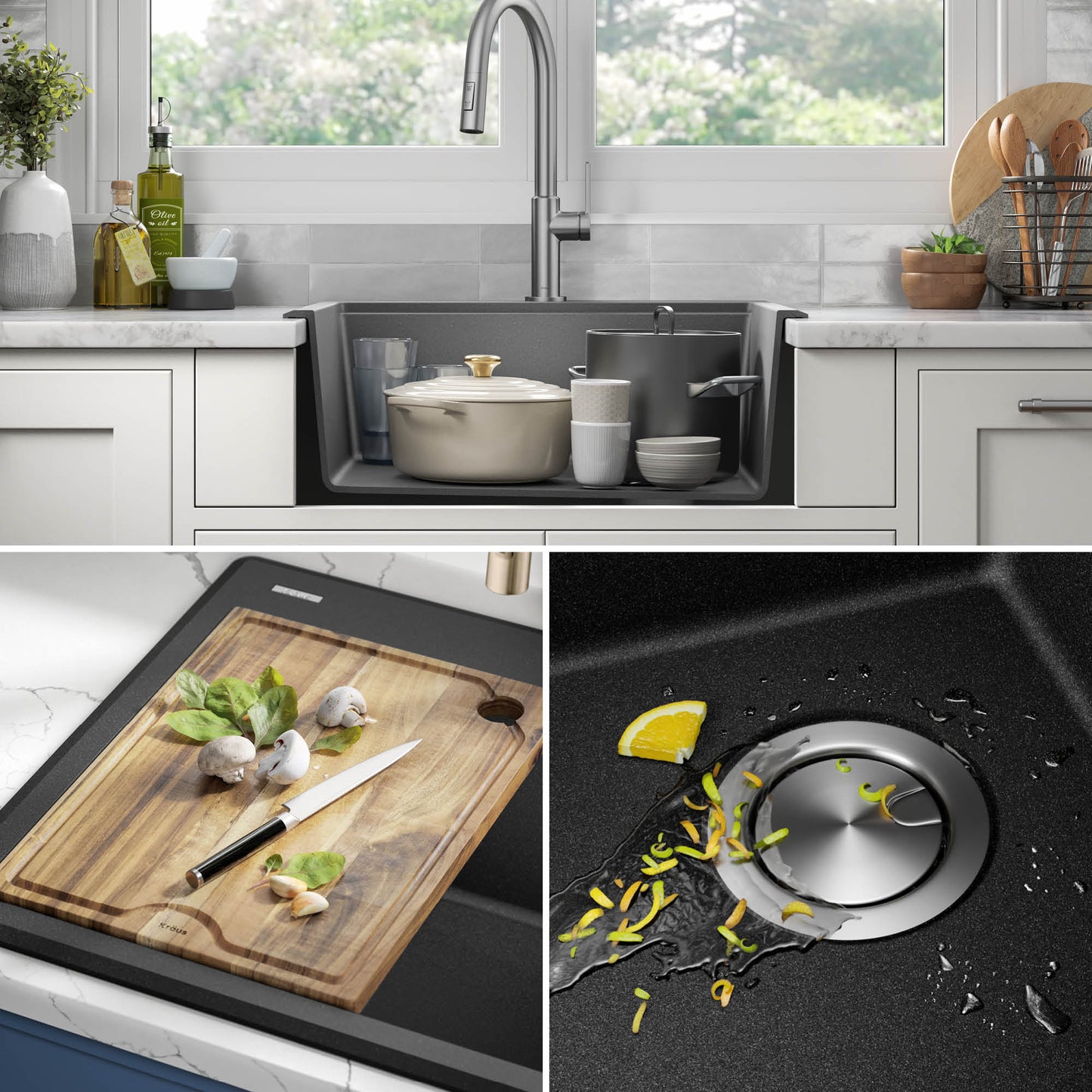 KRAUS 25” Drop-In Granite Composite Workstation Kitchen Sink in Metallic Black - KGTW12-25MBL