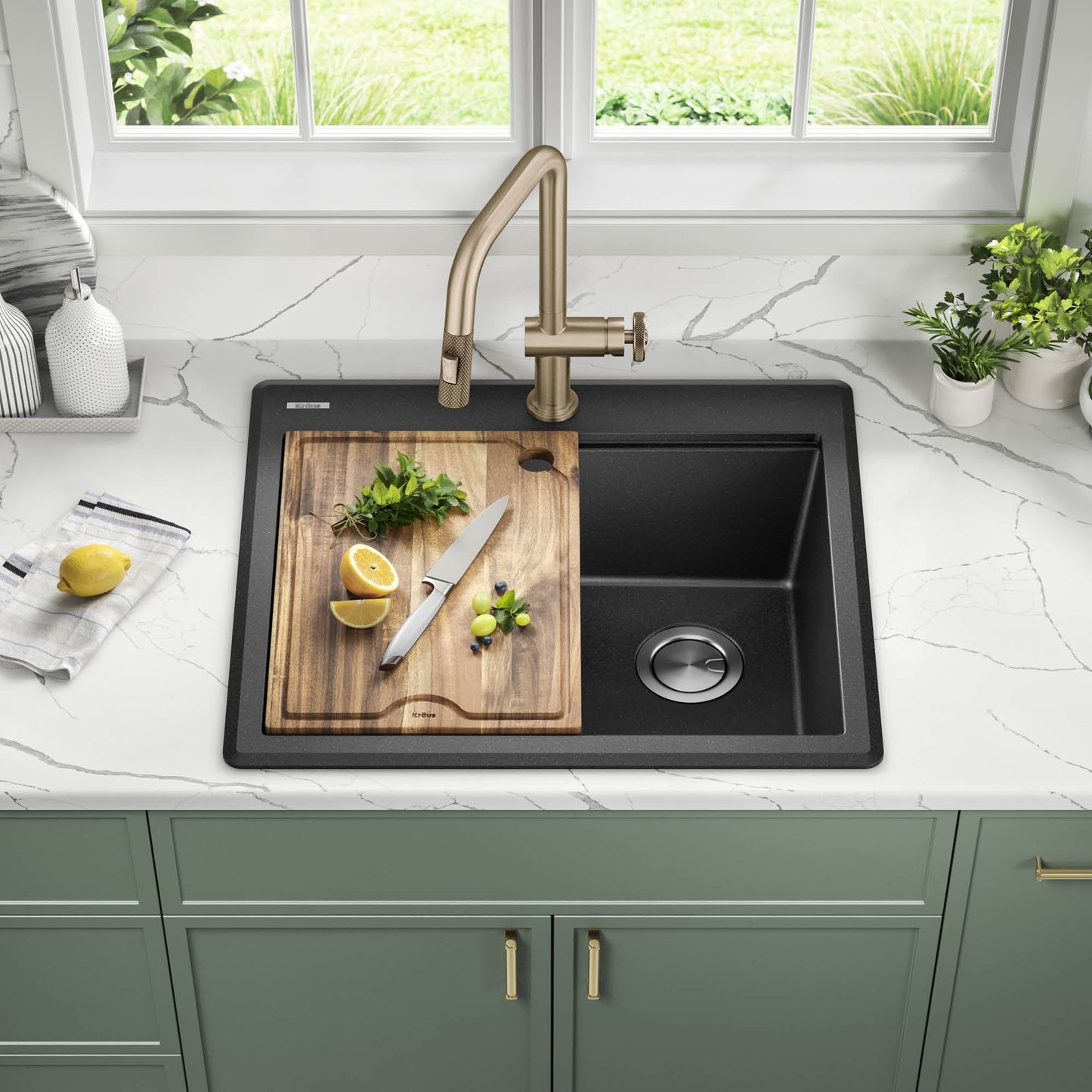 KRAUS 25” Drop-In Granite Composite Workstation Kitchen Sink in Metallic Black - KGTW12-25MBL