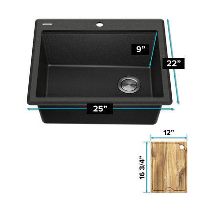 KRAUS 25” Drop-In Granite Composite Workstation Kitchen Sink in Metallic Black - KGTW12-25MBL