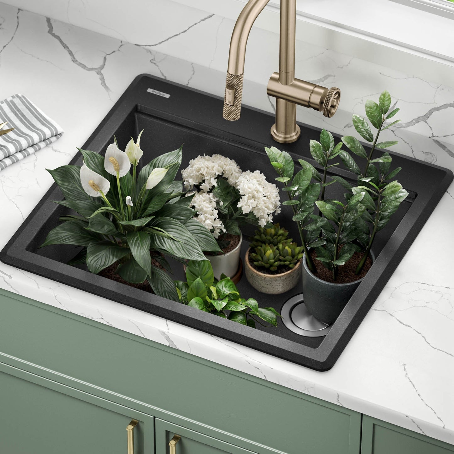 KRAUS 25” Drop-In Granite Composite Workstation Kitchen Sink in Metallic Black - KGTW12-25MBL
