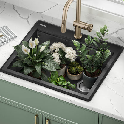 KRAUS 25” Drop-In Granite Composite Workstation Kitchen Sink in Metallic Black - KGTW12-25MBL