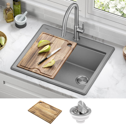 KRAUS 25” Drop-In Granite Composite Workstation Kitchen Sink in Metallic Grey - KGTW12-25MGR