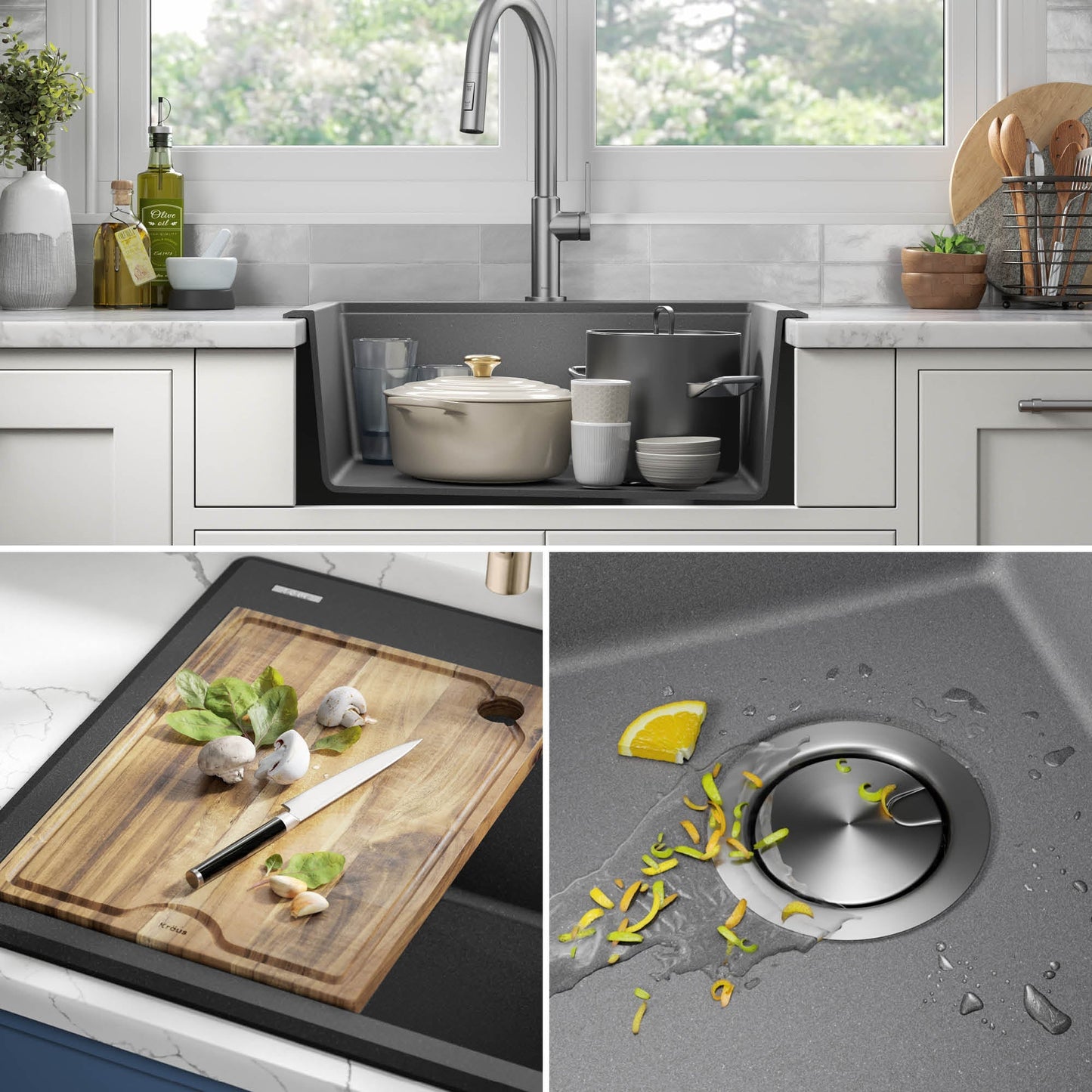 KRAUS 25” Drop-In Granite Composite Workstation Kitchen Sink in Metallic Grey - KGTW12-25MGR