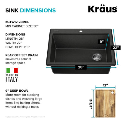 KRAUS 28” Drop-In Granite Composite Workstation Kitchen Sink in Metallic Black - KGTW12-28MBL