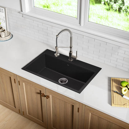 KRAUS 31" Dual Mount Single Bowl Granite Kitchen Sink with Topmount and Undermount Installation in Black Onyx - KGD-412B