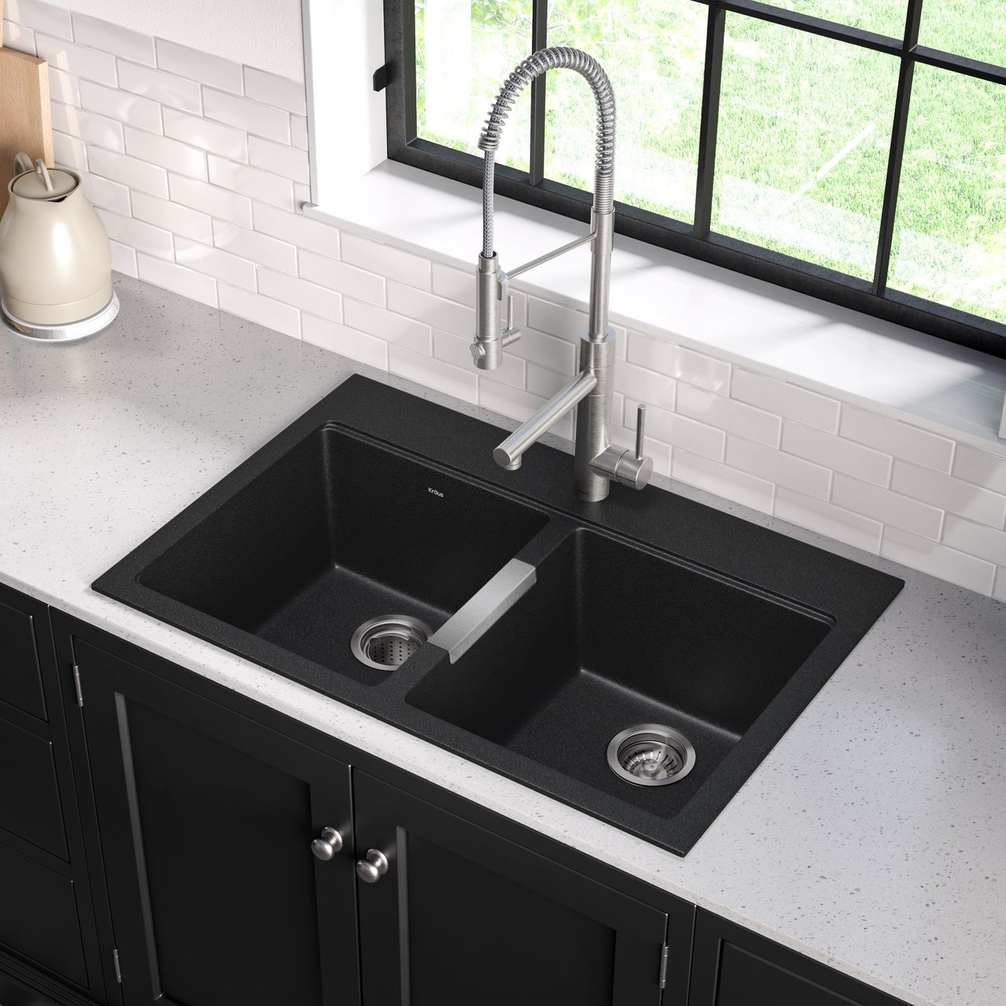 KRAUS 33" Dual Mount 50/50 Double Bowl Black Onyx Granite Kitchen Sink - KGD-433B